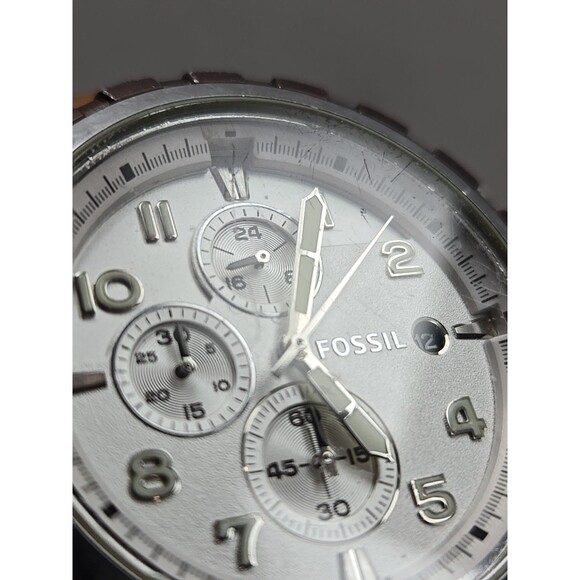 Fossil Dean FS4543 Chronograph Silver Tone Watch Leather 47mm Quartz New Battery - Picture 6 of 14